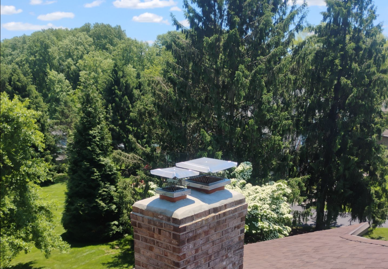 Brick chimney with greenery and tall pine trees behind