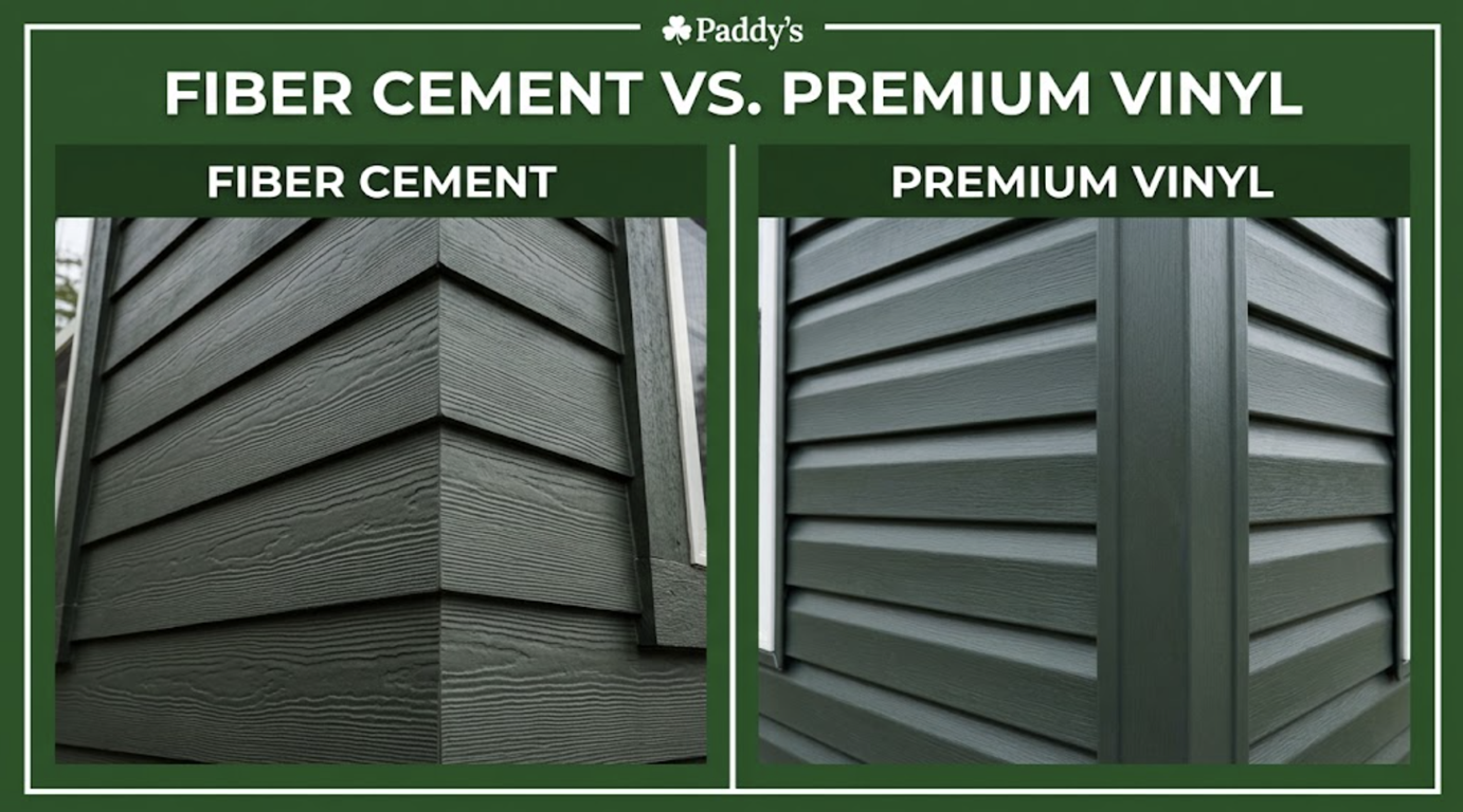 Side by side image showing fiber cement siding and premium vinyl siding
