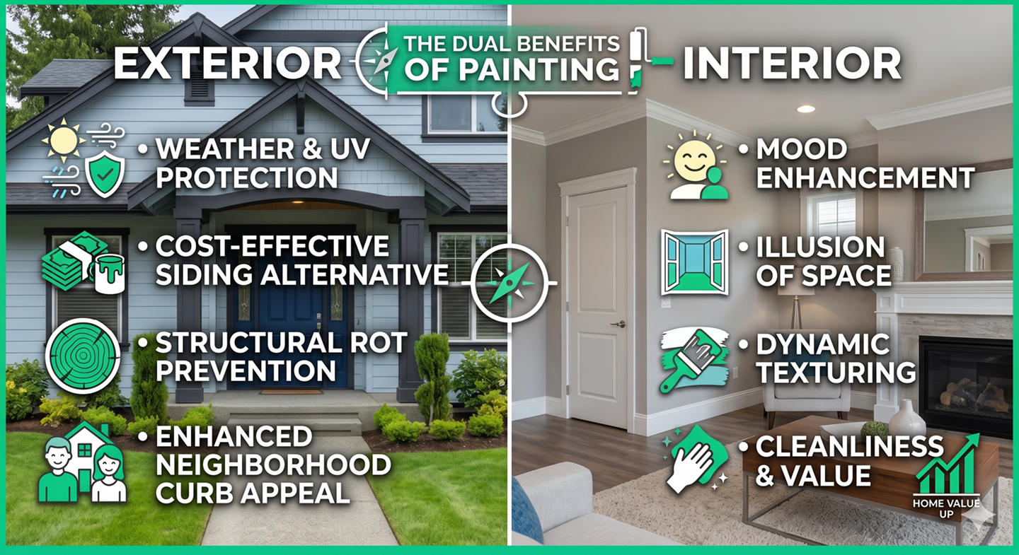 Graphic illustrating the benefits of interior and exterior painting, image split in two sections.