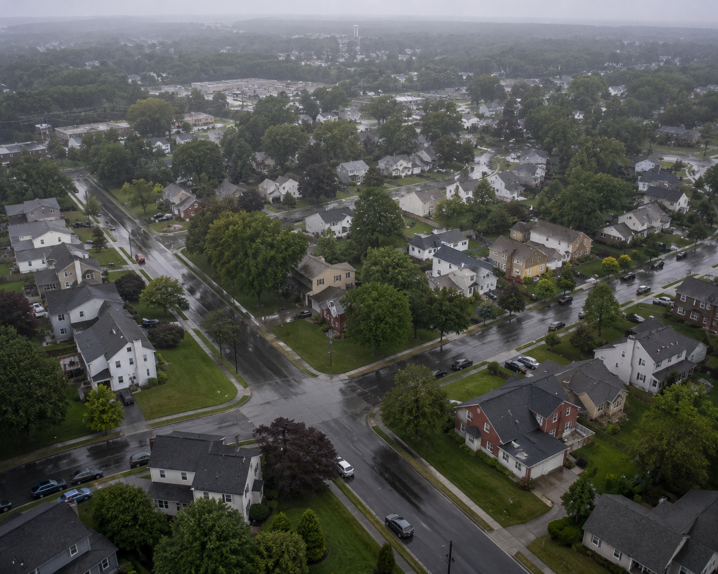 Aerial view of New Castle County residential neighborhood during the rain