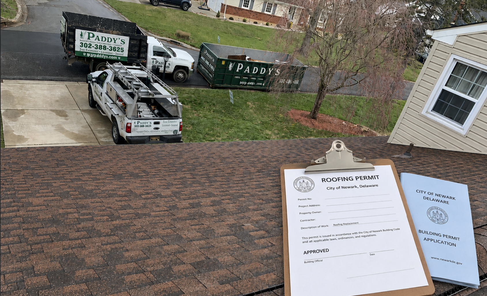 Newark DE roofing permit documents on roof, with Paddy's Roofing trucks parked below.