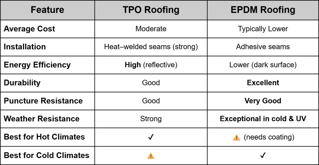 TPO vs EPDM side-by-side comparison chart